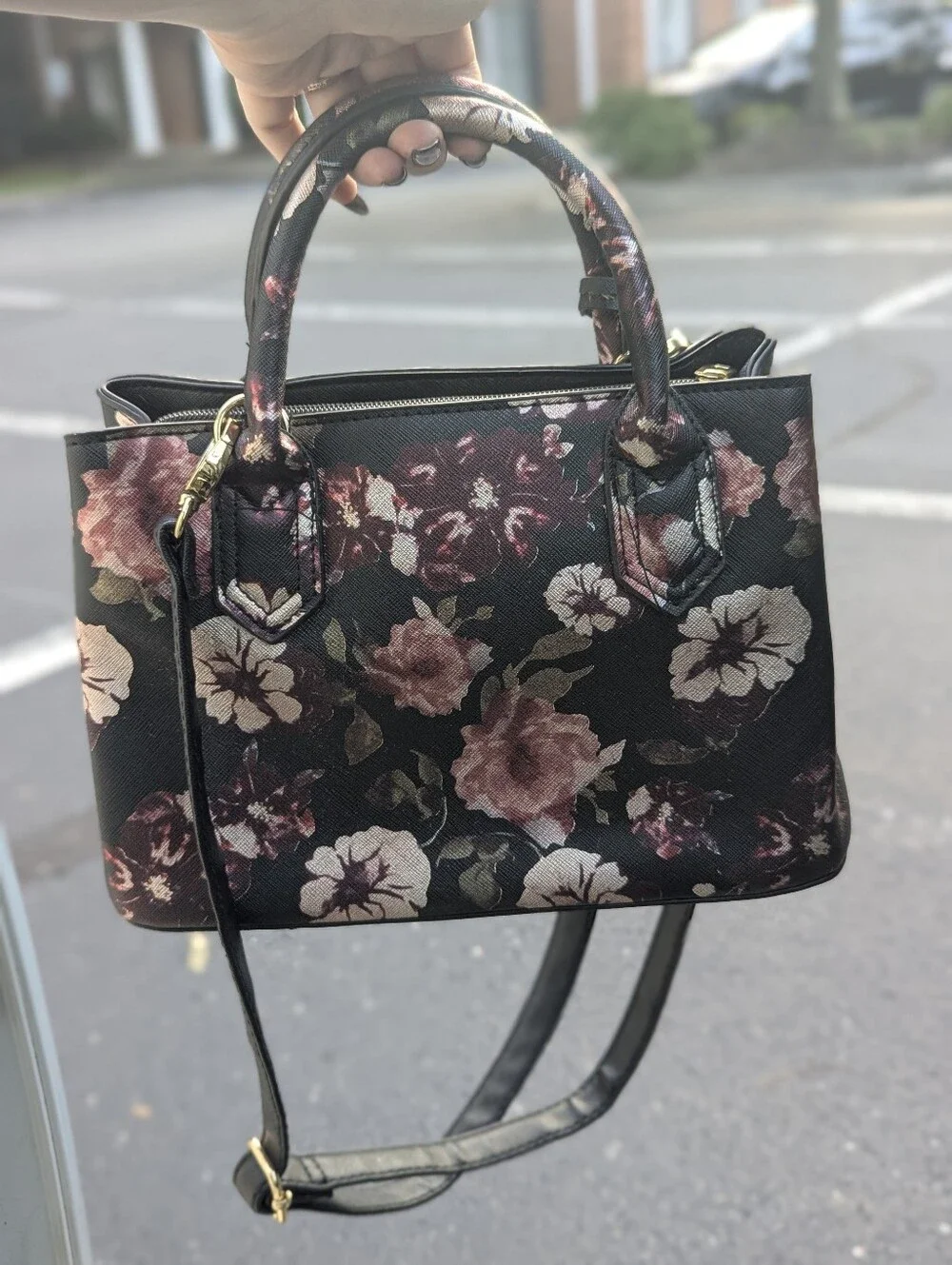 Christian Siriano Floral Crossbody Satchel Bag Black Saffiano Handbag Clean